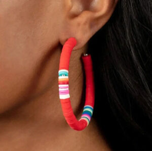 New Red Pink Oversized Beaded Disc Silver Hoop Earrings